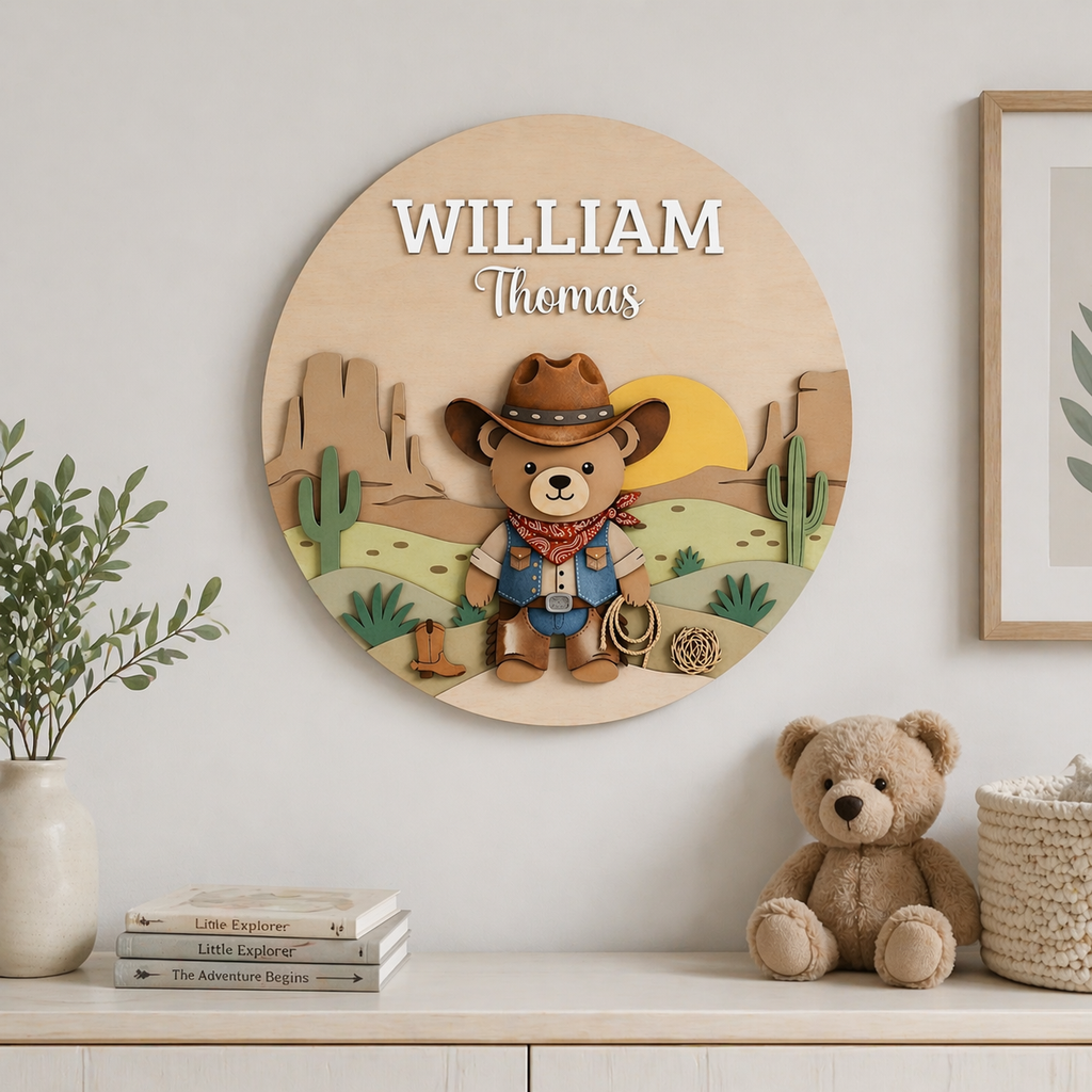 Personalized Cowboy Bear Nursery Sign, Western Baby Boy Room Decor, Custom Wooden Name Plaque, Cowboy Nursery Wall Art