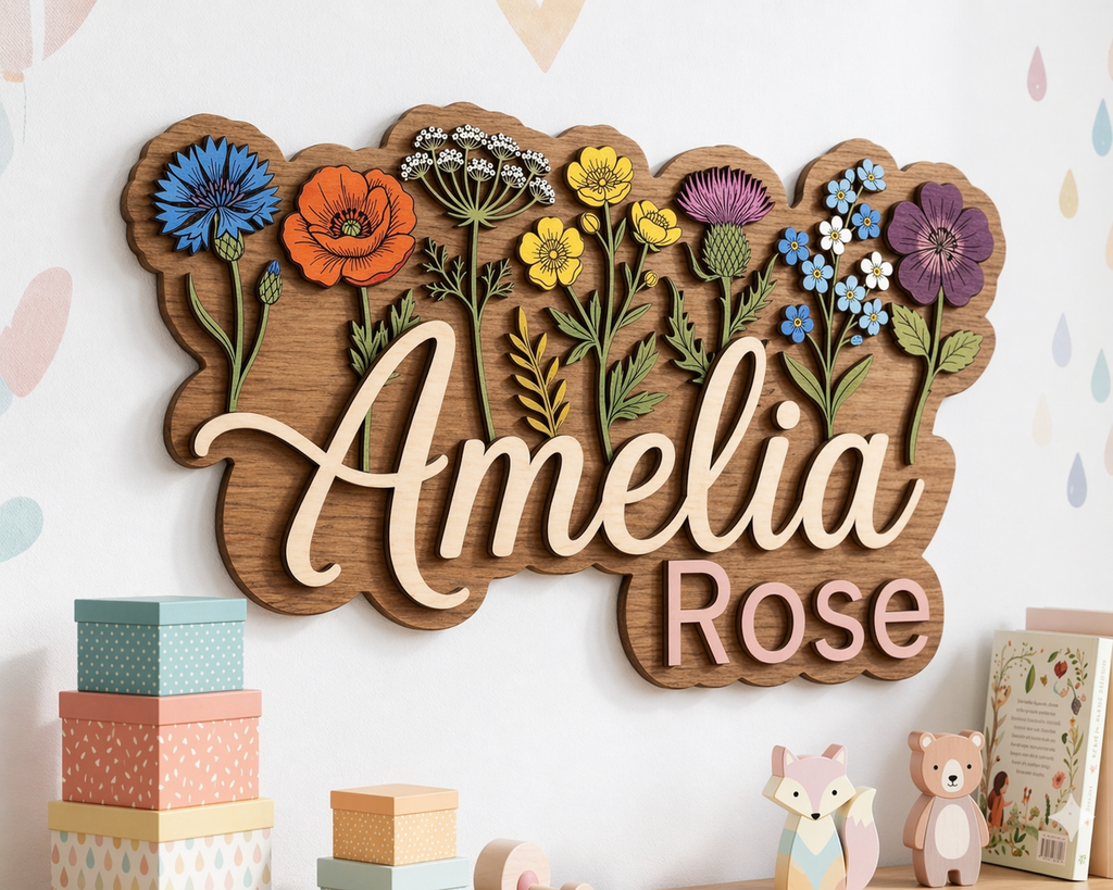 Personalized Wildflower Name Sign, Custom Wooden Floral Nursery Decor, Baby Girl Name Plaque, Wildflower Wall Art for Kids Room