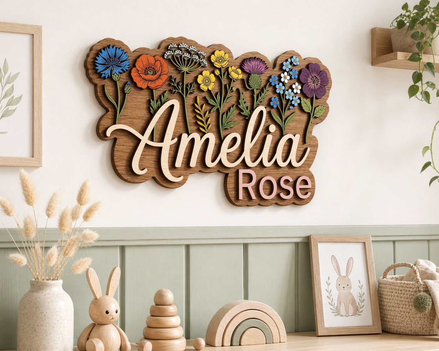Personalized Wildflower Name Sign, Custom Wooden Floral Nursery Decor, Baby Girl Name Plaque, Wildflower Wall Art for Kids Room