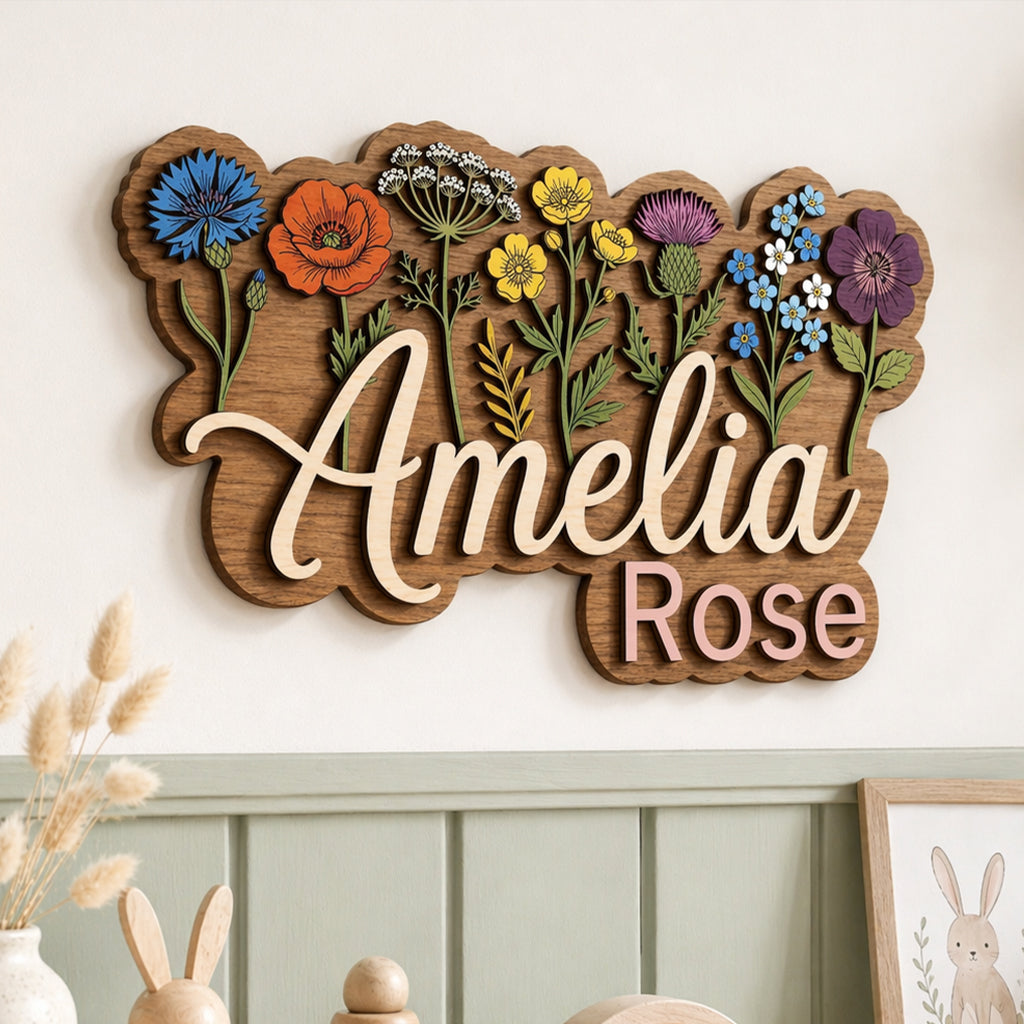 Personalized Wildflower Name Sign, Custom Wooden Floral Nursery Decor, Baby Girl Name Plaque, Wildflower Wall Art for Kids Room