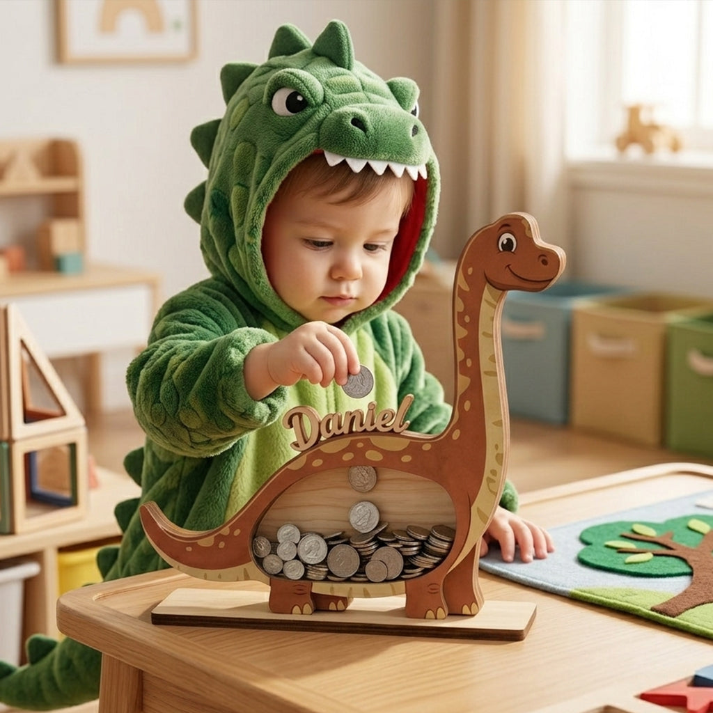 Personalized Dinosaur Piggy Bank for Kids, Custom Name Wooden Coin Bank, Dino Money Bank, Birthday Gift for Boys, Nursery Decor