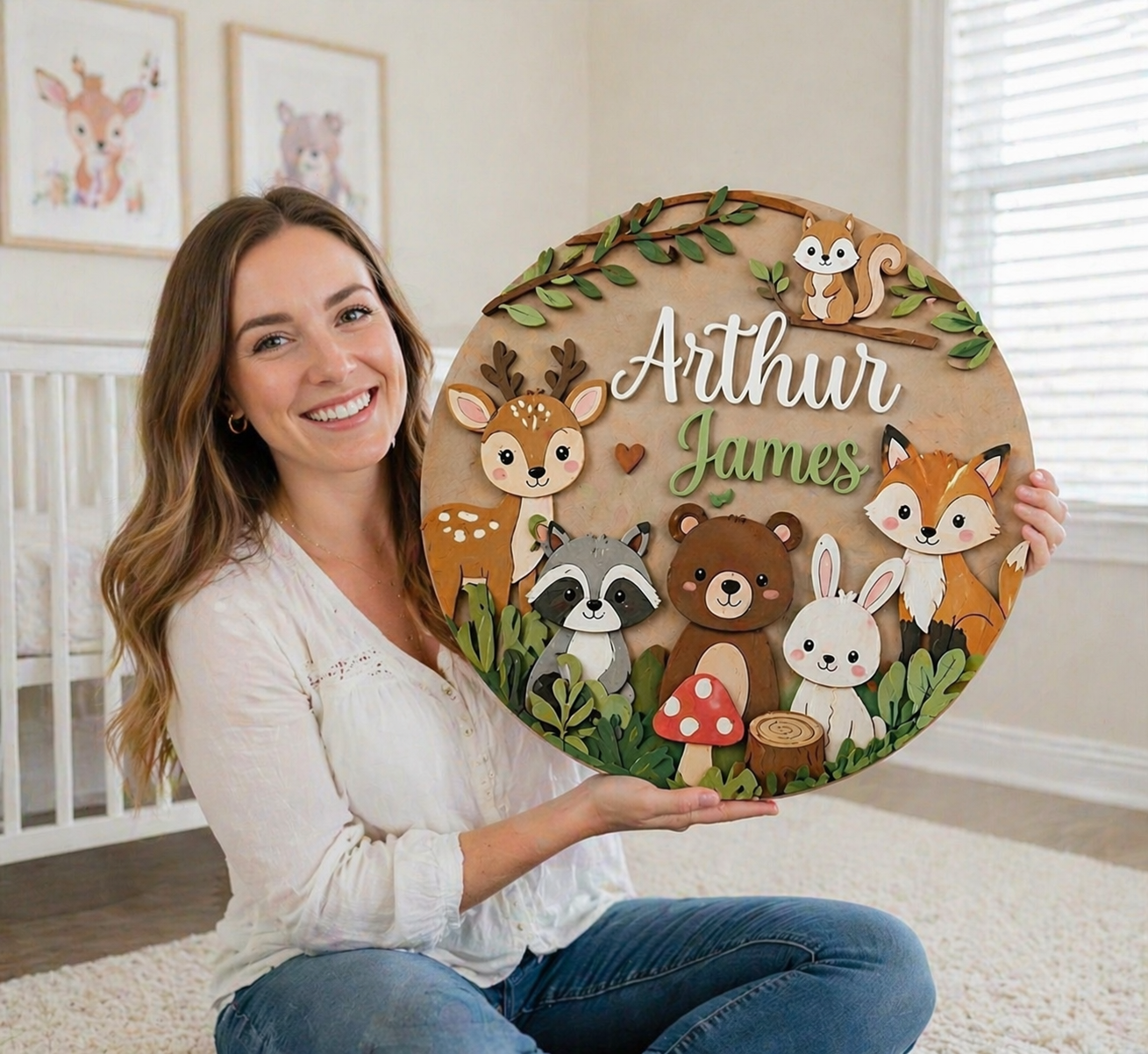 Personalized Woodland Nursery Sign, Custom Baby Name Plaque, Forest Animal Wall Decor, Wooden Kids Room Sign, Baby Boy Nursery Decor