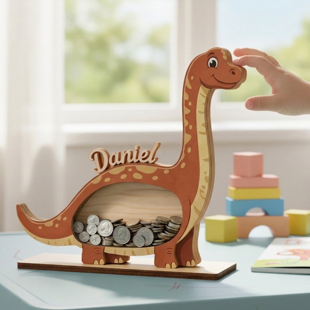 Personalized Dinosaur Piggy Bank for Kids, Custom Name Wooden Coin Bank, Dino Money Bank, Birthday Gift for Boys, Nursery Decor