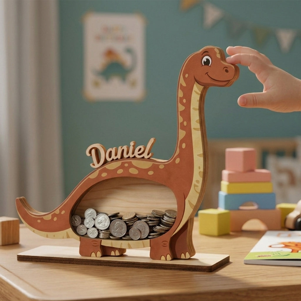 Personalized Dinosaur Piggy Bank for Kids, Custom Name Wooden Coin Bank, Dino Money Bank, Birthday Gift for Boys, Nursery Decor