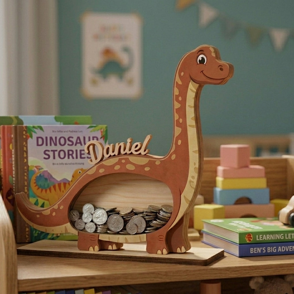 Personalized Dinosaur Piggy Bank for Kids, Custom Name Wooden Coin Bank, Dino Money Bank, Birthday Gift for Boys, Nursery Decor