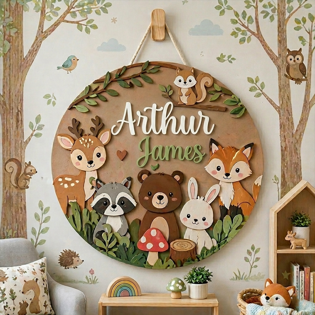 Personalized Woodland Nursery Sign, Custom Baby Name Plaque, Forest Animal Wall Decor, Wooden Kids Room Sign, Baby Boy Nursery Decor