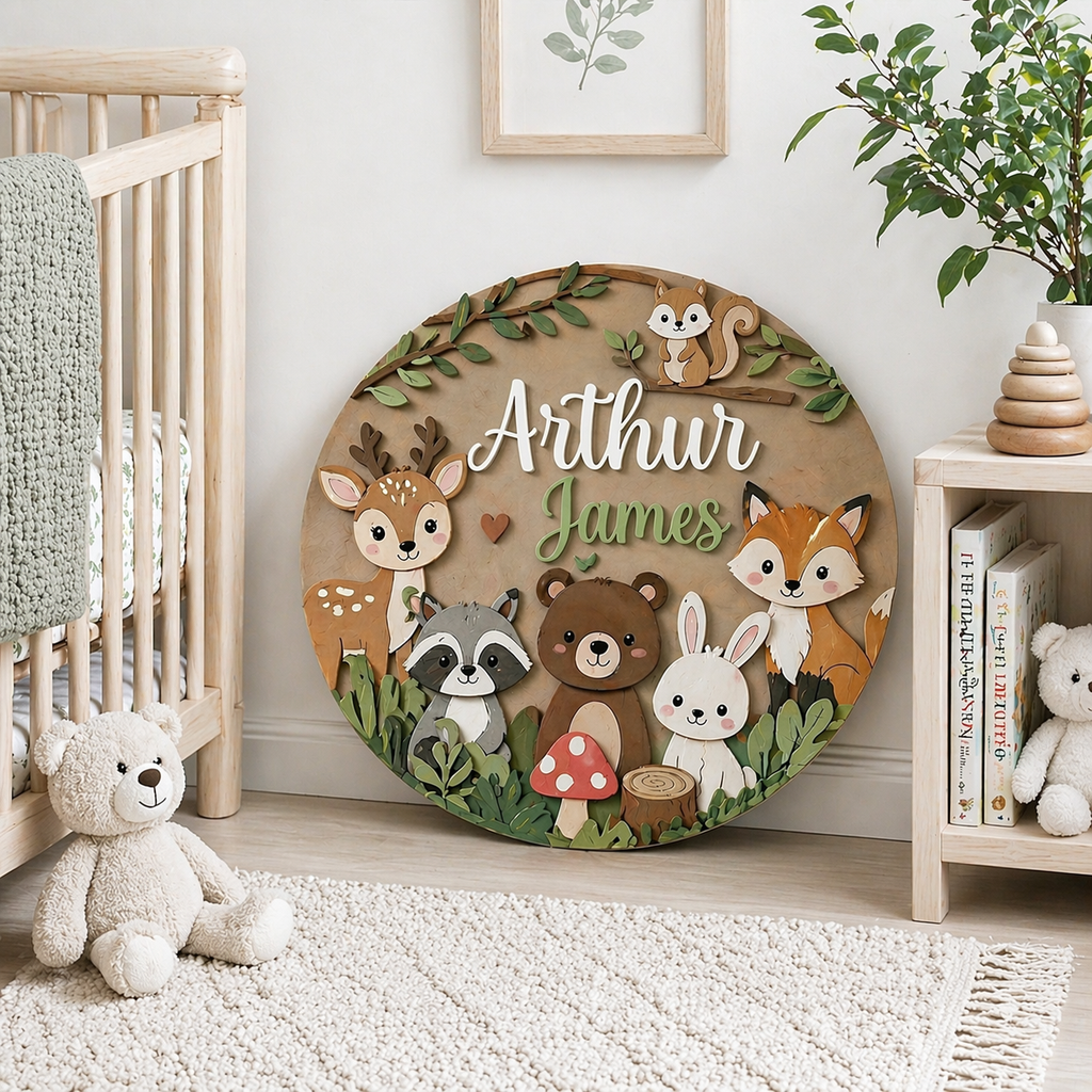 Personalized Woodland Nursery Sign, Custom Baby Name Plaque, Forest Animal Wall Decor, Wooden Kids Room Sign, Baby Boy Nursery Decor