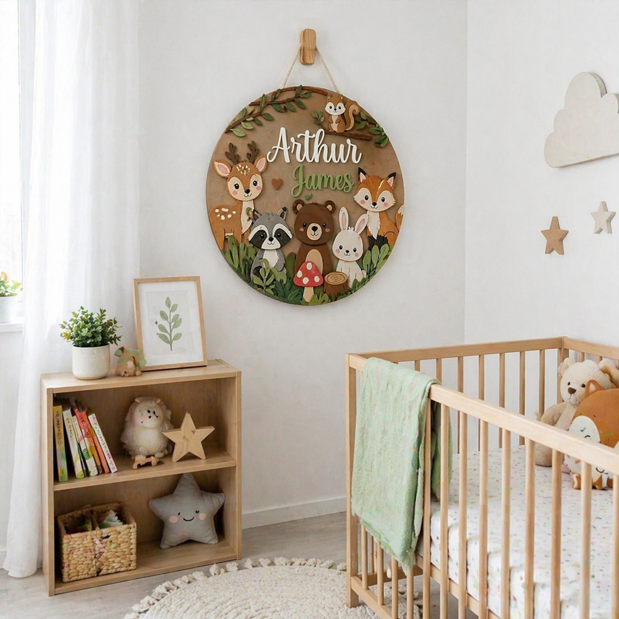Personalized Woodland Nursery Sign, Custom Baby Name Plaque, Forest Animal Wall Decor, Wooden Kids Room Sign, Baby Boy Nursery Decor