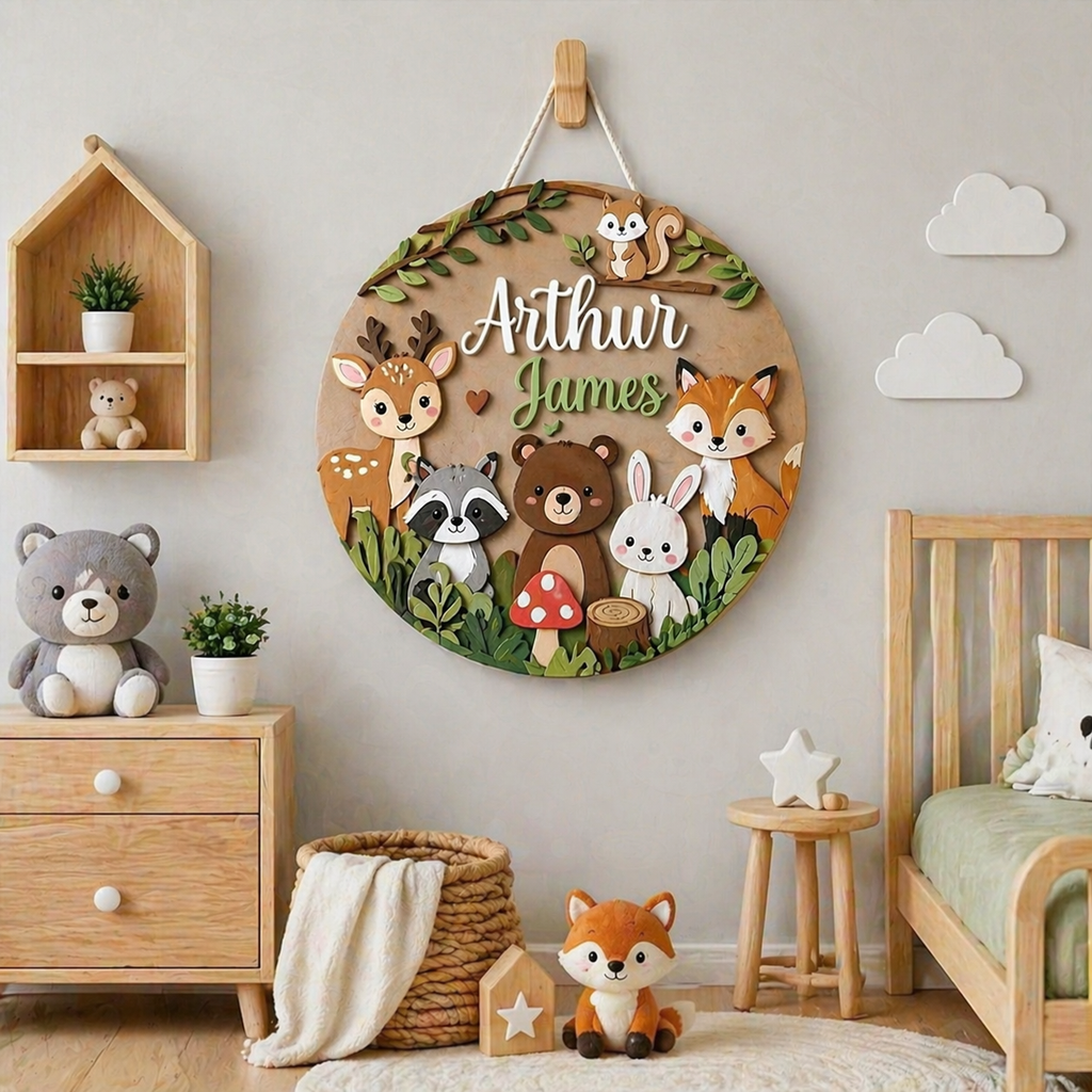 Personalized Woodland Nursery Sign, Custom Baby Name Plaque, Forest Animal Wall Decor, Wooden Kids Room Sign, Baby Boy Nursery Decor