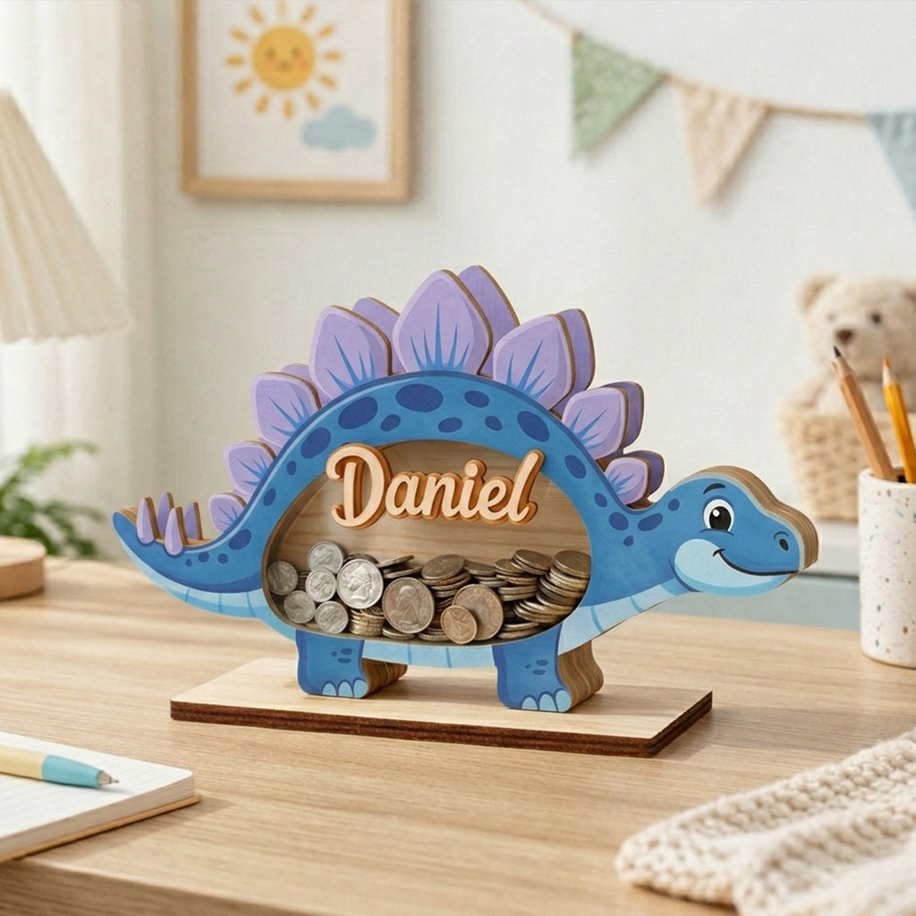 Personalized Stegosaurus Piggy Bank, Custom Name Dinosaur Money Bank, Wooden Coin Bank for Kids, Room Decor, Baby Boy Gift, Savings Bank