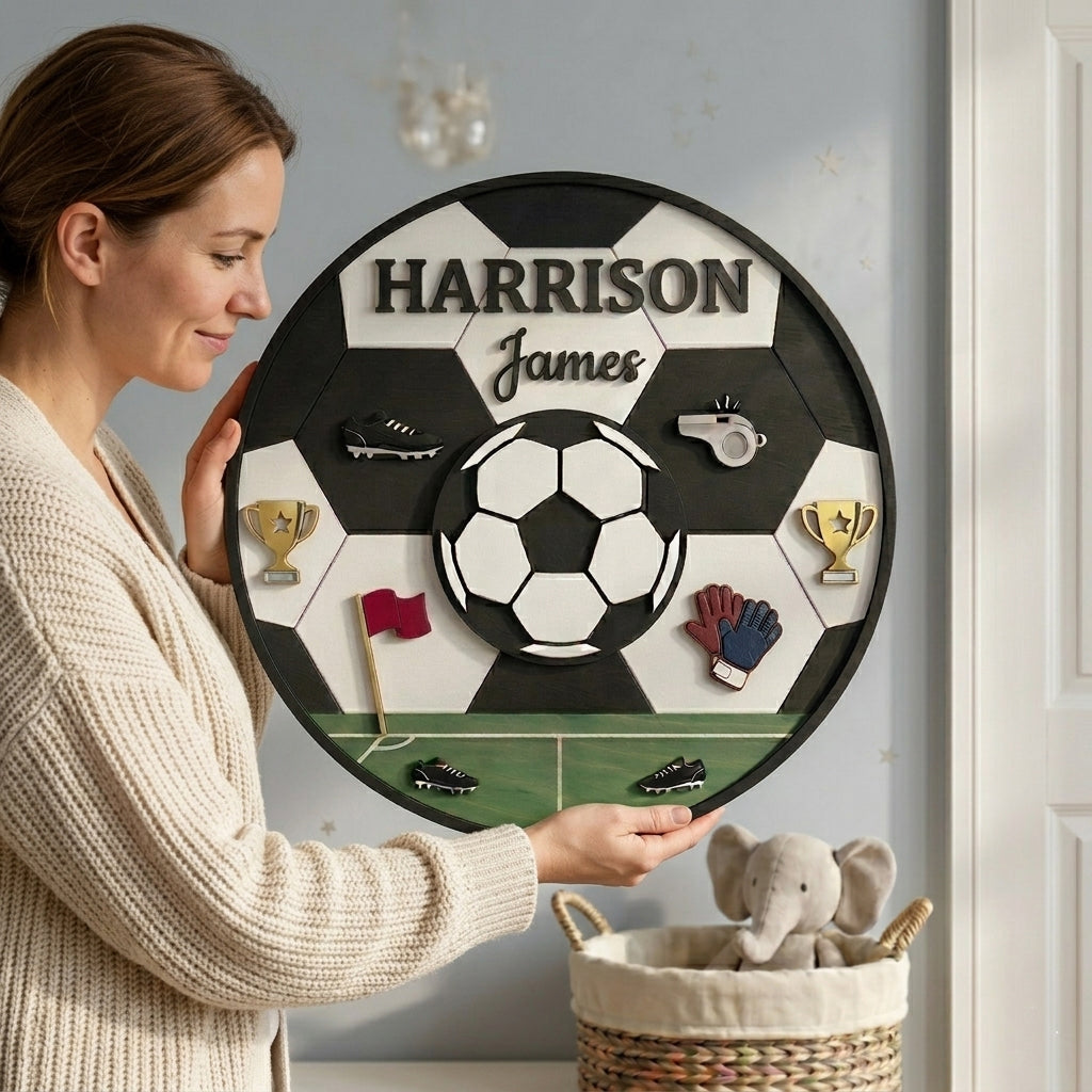 Personalized Soccer Name Sign, Custom Sports Nursery Decor, Football Boy Room Wall Art, Wooden Soccer Ball Name Plaque for Kids