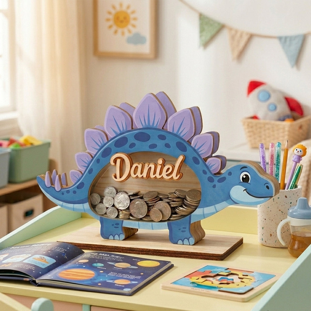 Personalized Stegosaurus Piggy Bank, Custom Name Dinosaur Money Bank, Wooden Coin Bank for Kids, Room Decor, Baby Boy Gift, Savings Bank