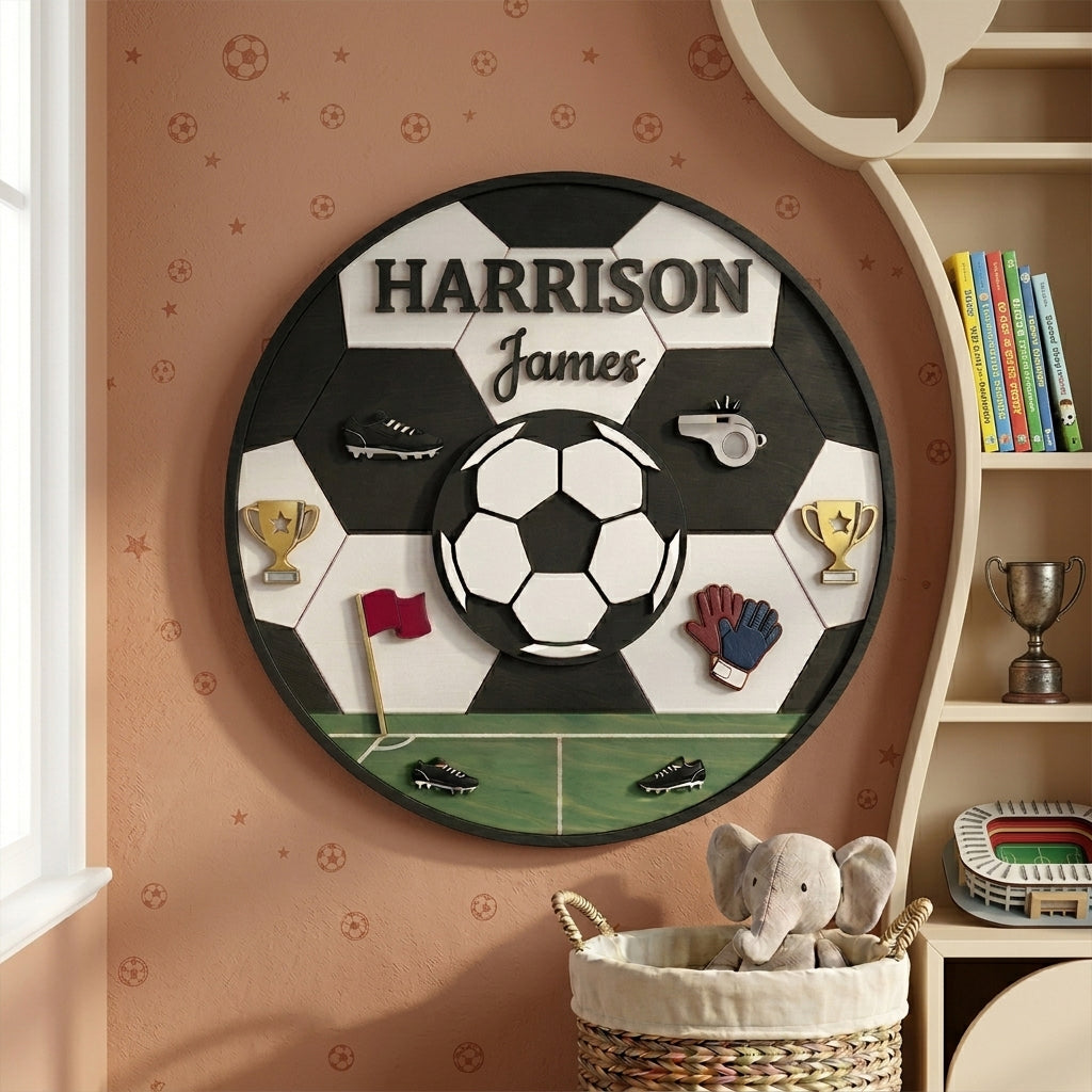 Personalized Soccer Name Sign, Custom Sports Nursery Decor, Football Boy Room Wall Art, Wooden Soccer Ball Name Plaque for Kids