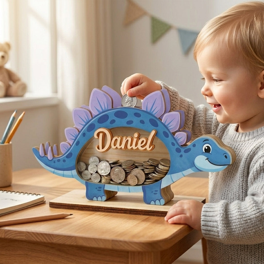 Personalized Stegosaurus Piggy Bank, Custom Name Dinosaur Money Bank, Wooden Coin Bank for Kids, Room Decor, Baby Boy Gift, Savings Bank