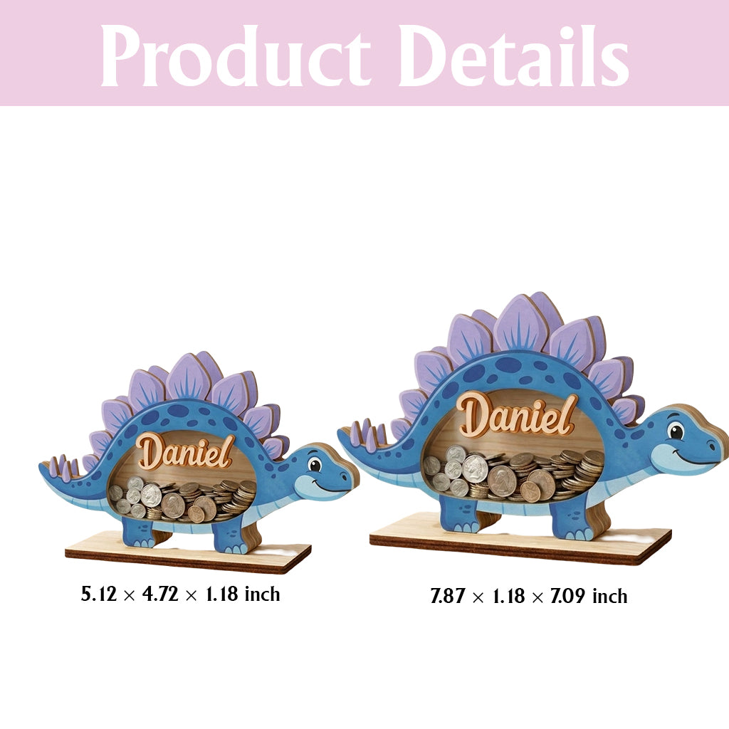 Personalized Stegosaurus Piggy Bank, Custom Name Dinosaur Money Bank, Wooden Coin Bank for Kids, Room Decor, Baby Boy Gift, Savings Bank