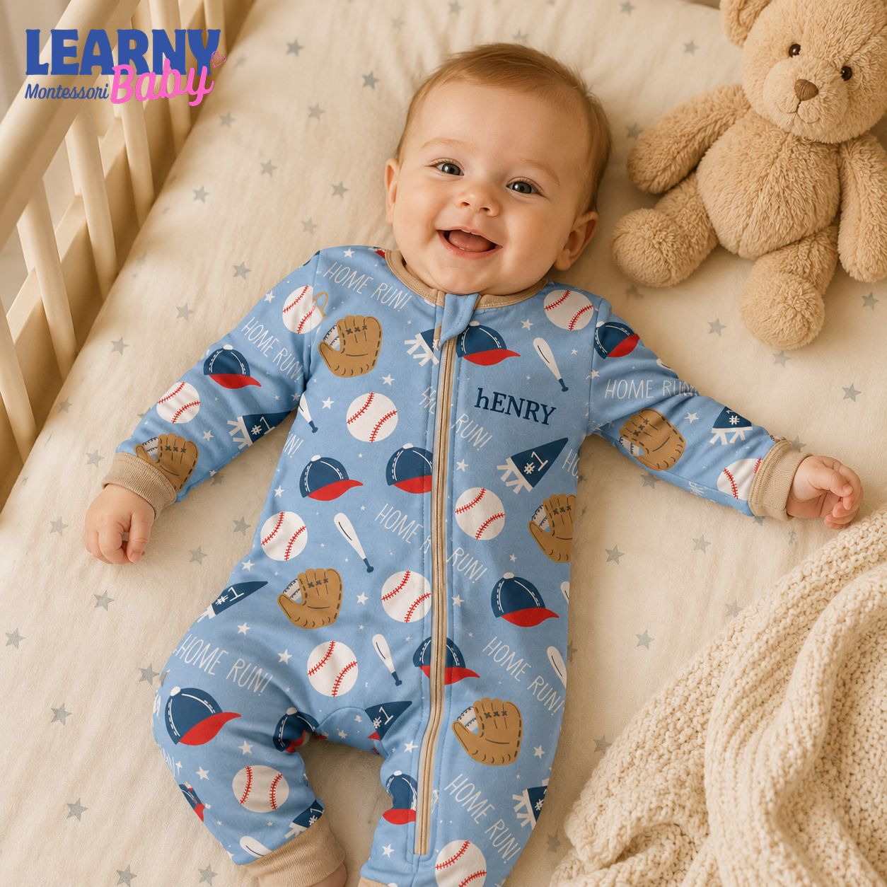 Baby Bamboo Convertible Zippy – Personalized Baseball Baby Romper