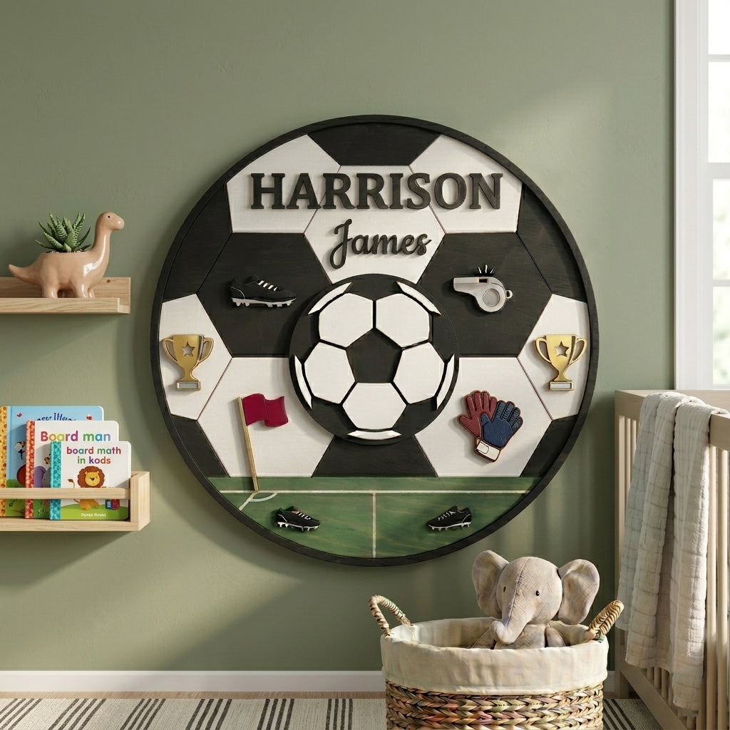 Personalized Soccer Name Sign, Custom Sports Nursery Decor, Football Boy Room Wall Art, Wooden Soccer Ball Name Plaque for Kids