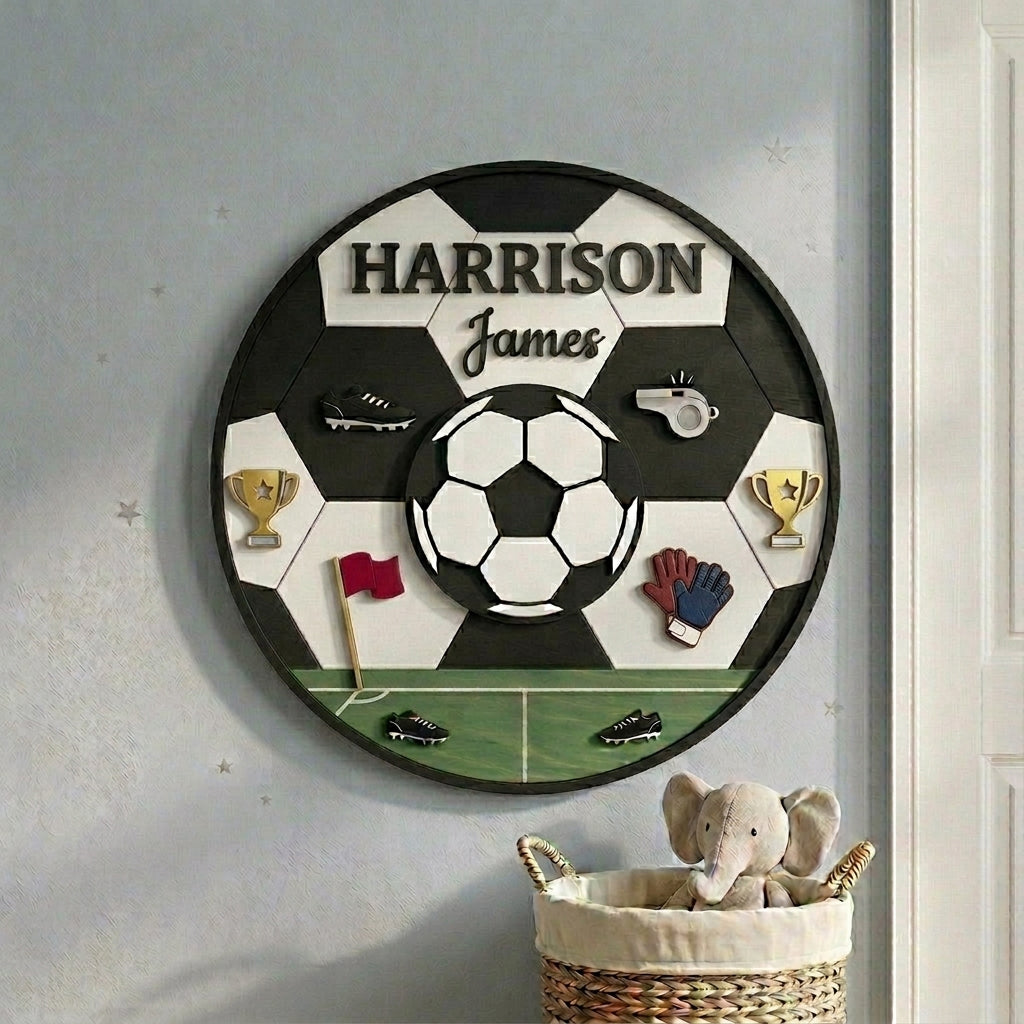 Personalized Soccer Name Sign, Custom Sports Nursery Decor, Football Boy Room Wall Art, Wooden Soccer Ball Name Plaque for Kids
