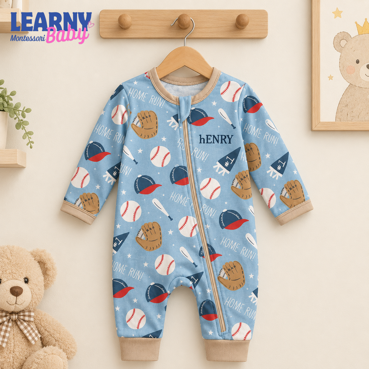 Baby Bamboo Convertible Zippy – Personalized Baseball Baby Romper