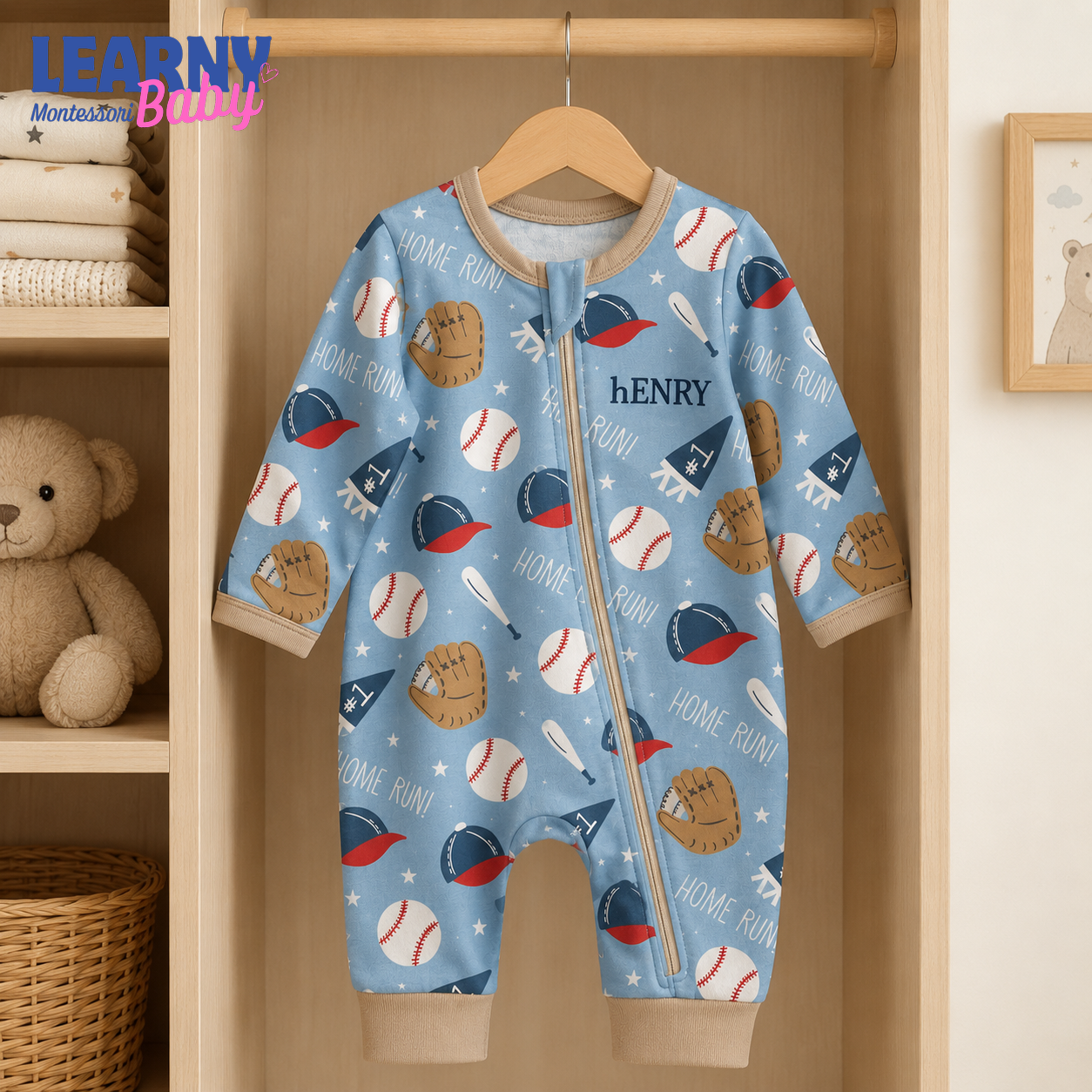 Baby Bamboo Convertible Zippy – Personalized Baseball Baby Romper