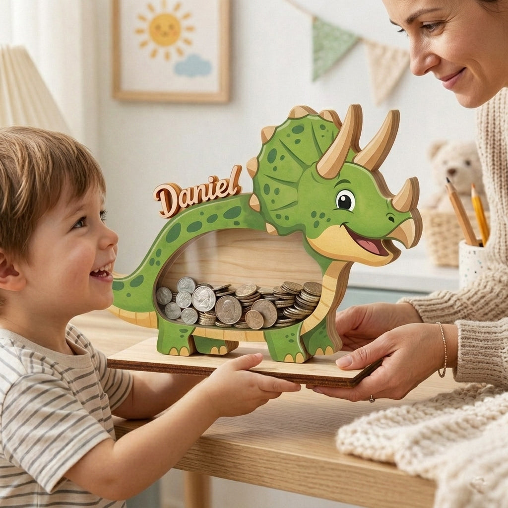 Personalized Triceratops Piggy Bank, Custom Name Dinosaur Coin Bank, Wooden Money Bank for Kids, Baby Boy Gift, Toddler Savings Bank
