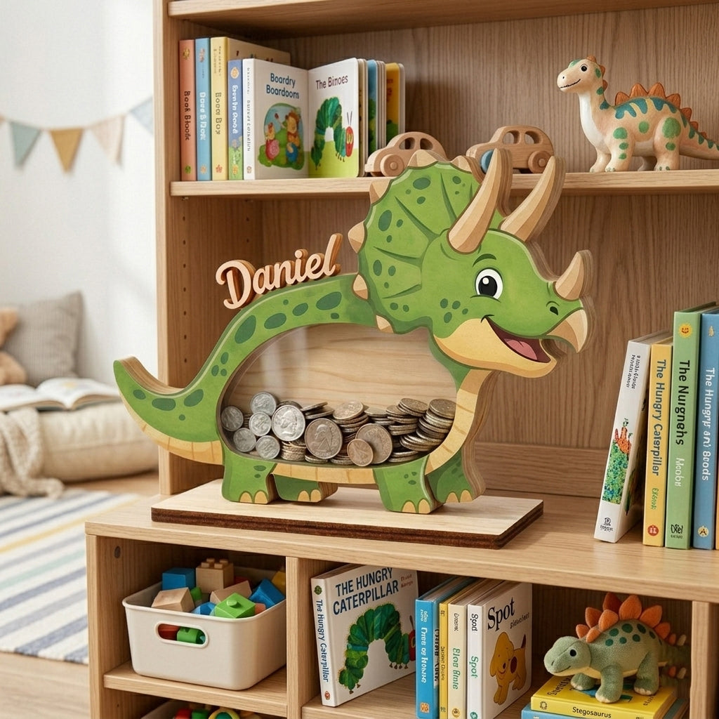 Personalized Triceratops Piggy Bank, Custom Name Dinosaur Coin Bank, Wooden Money Bank for Kids, Baby Boy Gift, Toddler Savings Bank
