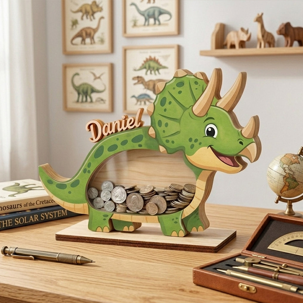 Personalized Triceratops Piggy Bank, Custom Name Dinosaur Coin Bank, Wooden Money Bank for Kids, Baby Boy Gift, Toddler Savings Bank
