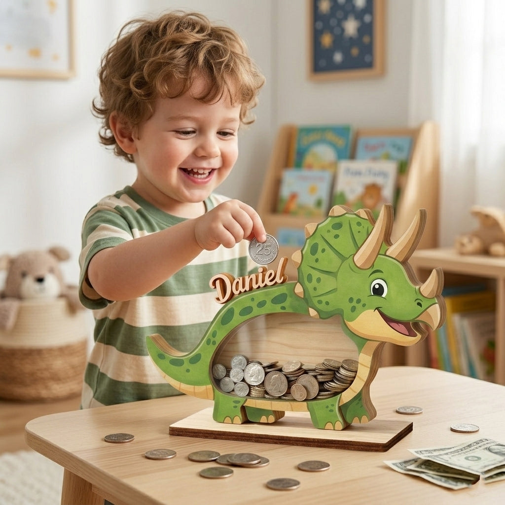 Personalized Triceratops Piggy Bank, Custom Name Dinosaur Coin Bank, Wooden Money Bank for Kids, Baby Boy Gift, Toddler Savings Bank