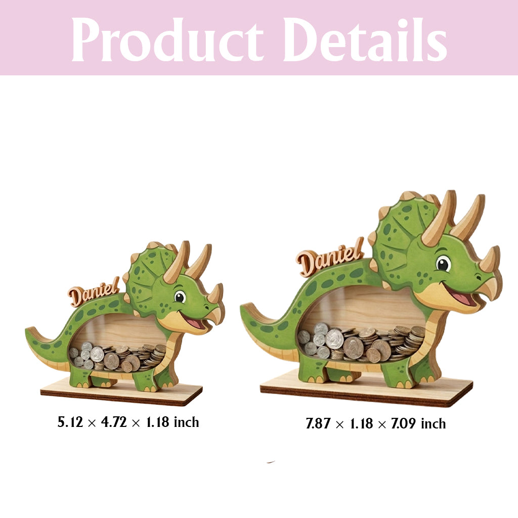 Personalized Triceratops Piggy Bank, Custom Name Dinosaur Coin Bank, Wooden Money Bank for Kids, Baby Boy Gift, Toddler Savings Bank
