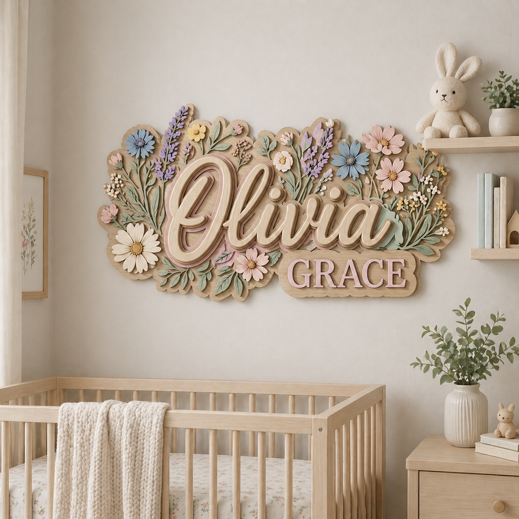 Personalized Floral Wooden Name Sign for Nursery, Custom Baby Girl Name Wall Decor, 3D Flower Nursery Sign, Newborn Gift