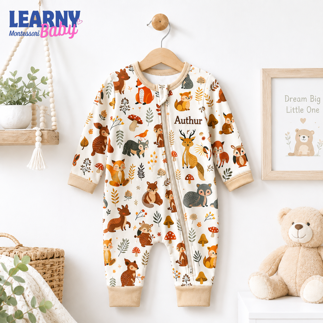 Baby Bamboo Convertible Zippy – Personalized Woodland Animal Romper