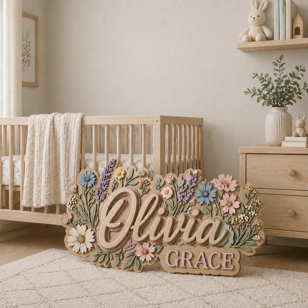 Personalized Floral Wooden Name Sign for Nursery, Custom Baby Girl Name Wall Decor, 3D Flower Nursery Sign, Newborn Gift