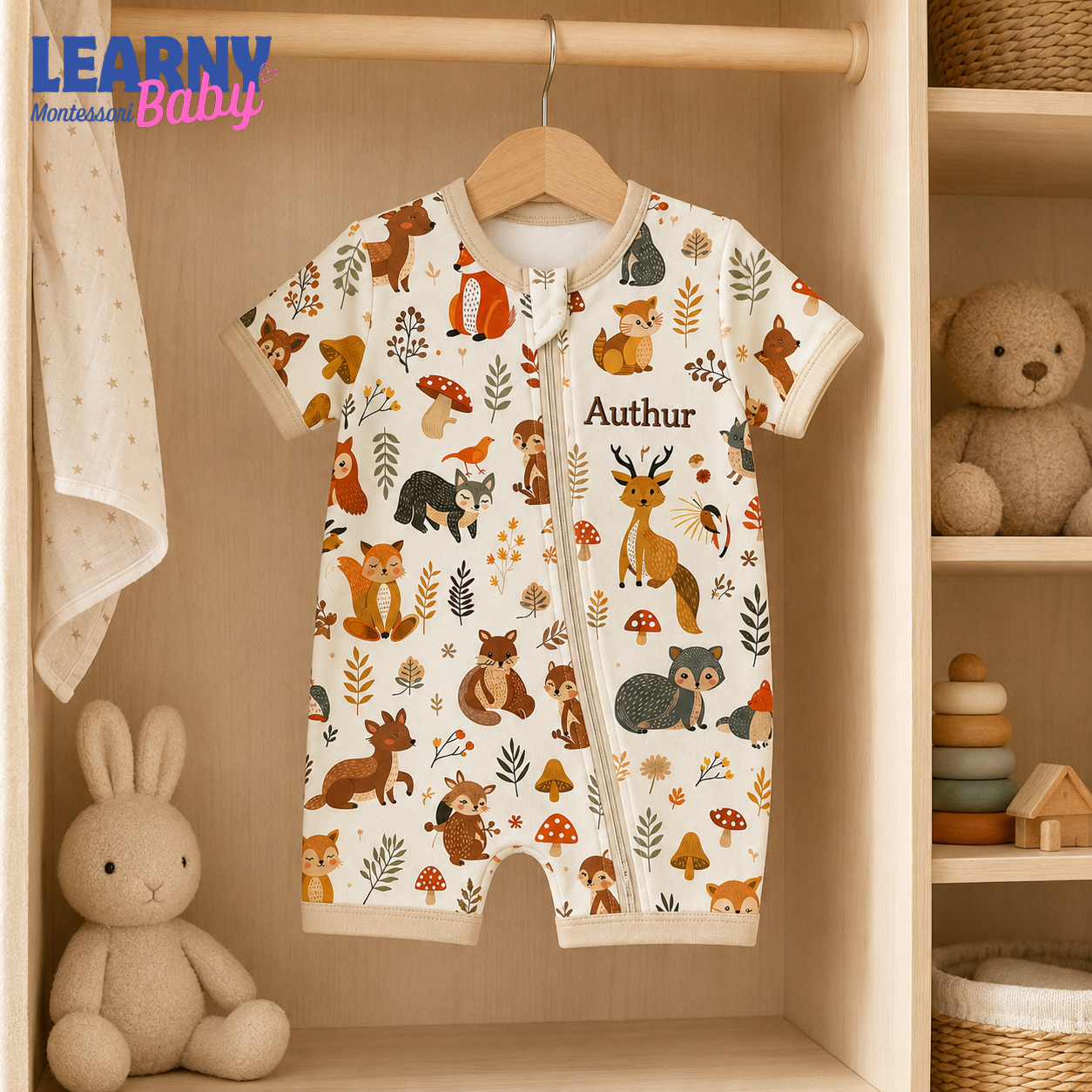Baby Bamboo Convertible Zippy – Personalized Woodland Animal Romper