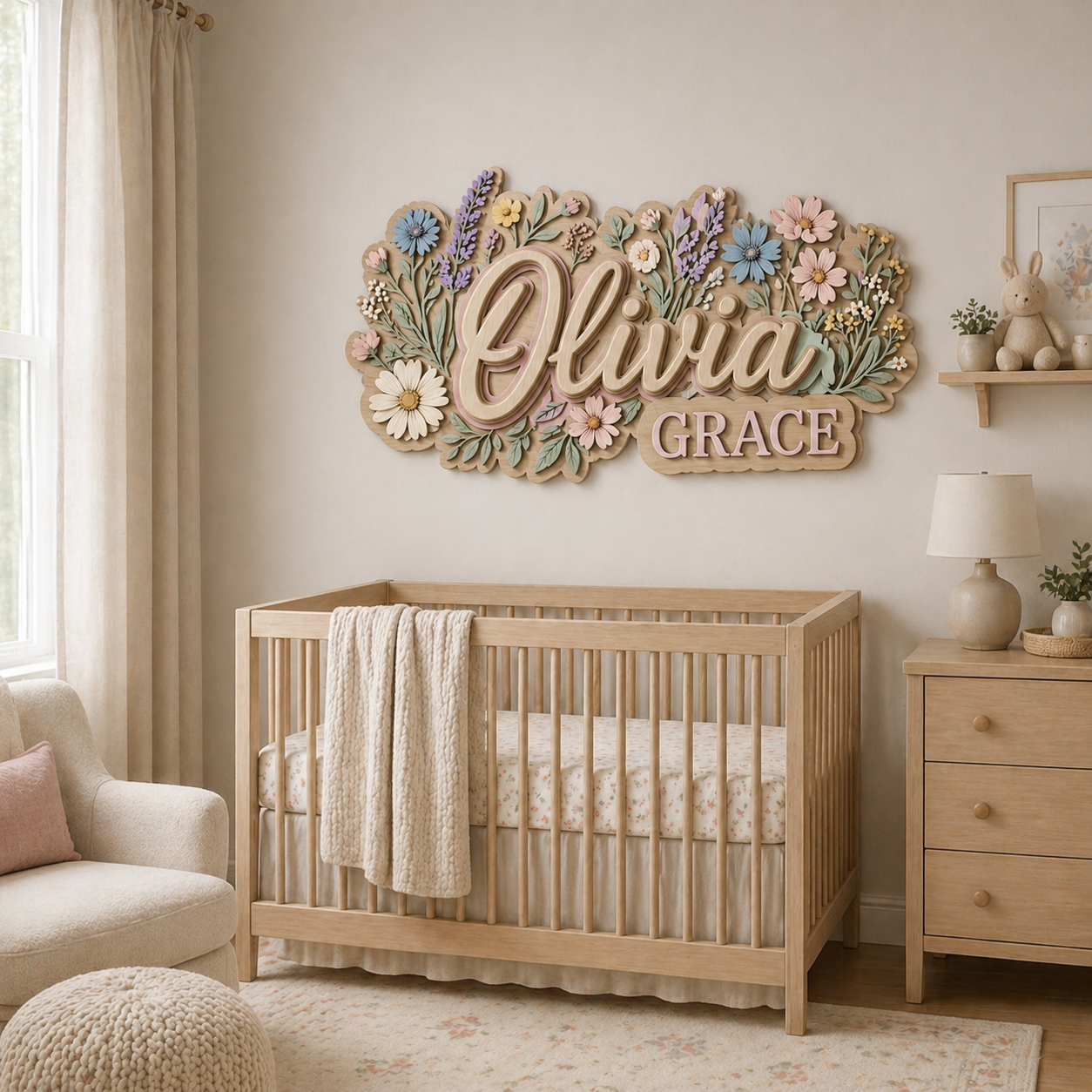 Personalized Floral Wooden Name Sign for Nursery, Custom Baby Girl Name Wall Decor, 3D Flower Nursery Sign, Newborn Gift