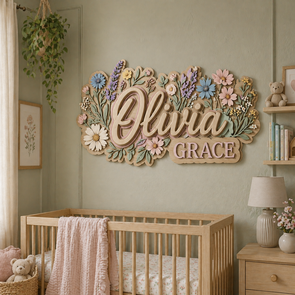 Personalized Floral Wooden Name Sign for Nursery, Custom Baby Girl Name Wall Decor, 3D Flower Nursery Sign, Newborn Gift