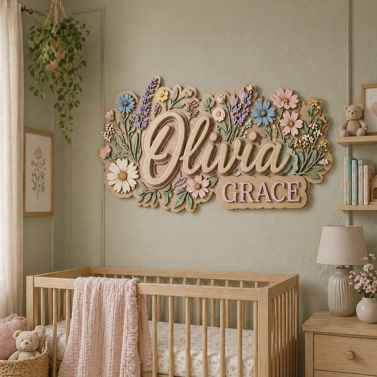 Personalized Floral Wooden Name Sign for Nursery, Custom Baby Girl Name Wall Decor, 3D Flower Nursery Sign, Newborn Gift
