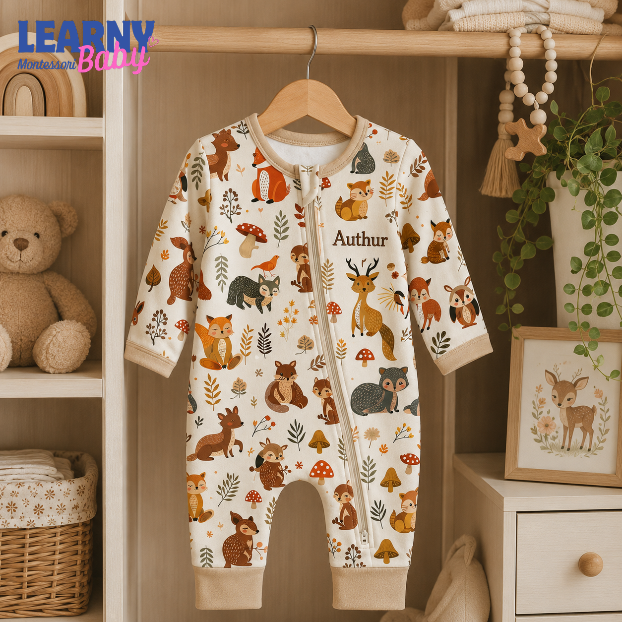 Baby Bamboo Convertible Zippy – Personalized Woodland Animal Romper