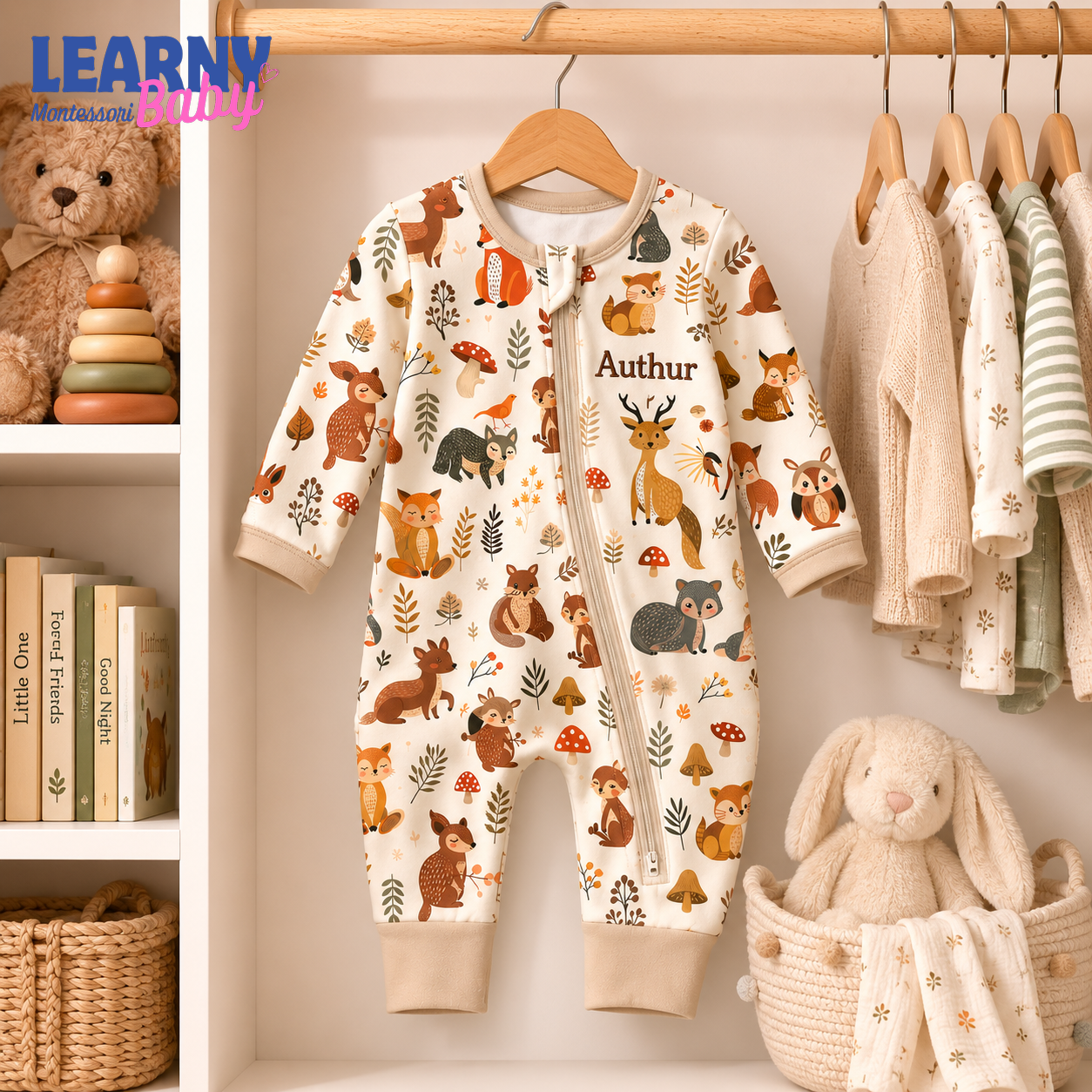 Baby Bamboo Convertible Zippy – Personalized Woodland Animal Romper