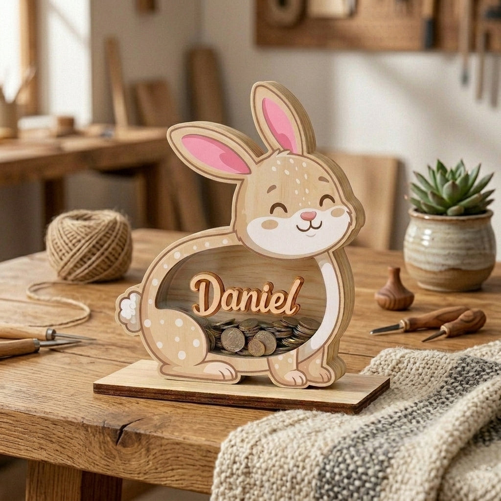Personalized Bunny Piggy Bank, Custom Name Wooden Coin Bank, Kids Savings Bank Gift, Nursery Decor, Baby Gift, Easter Bunny Money Box