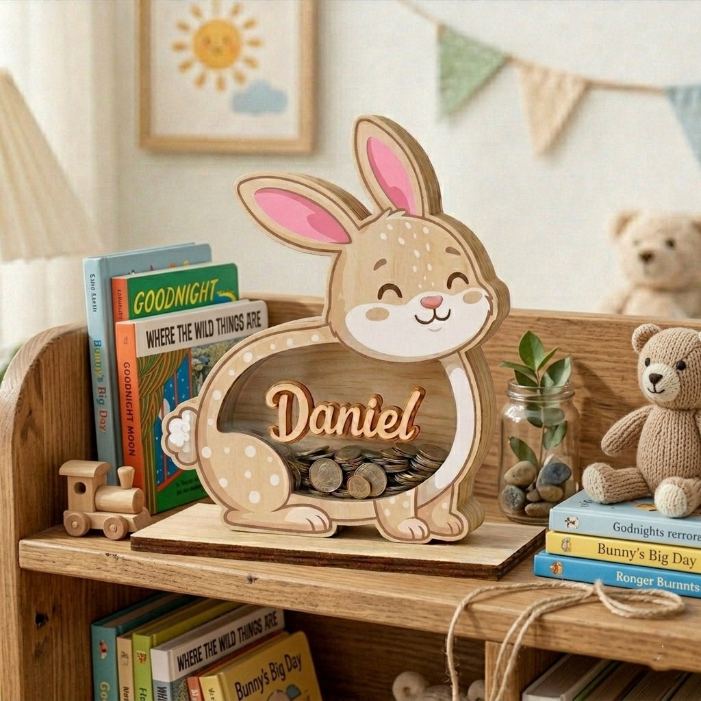 Personalized Bunny Piggy Bank, Custom Name Wooden Coin Bank, Kids Savings Bank Gift, Nursery Decor, Baby Gift, Easter Bunny Money Box