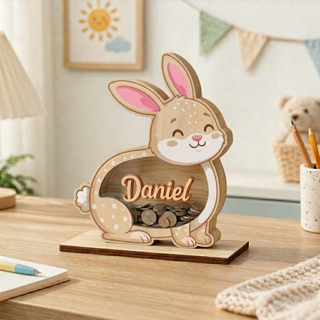 Personalized Bunny Piggy Bank, Custom Name Wooden Coin Bank, Kids Savings Bank Gift, Nursery Decor, Baby Gift, Easter Bunny Money Box