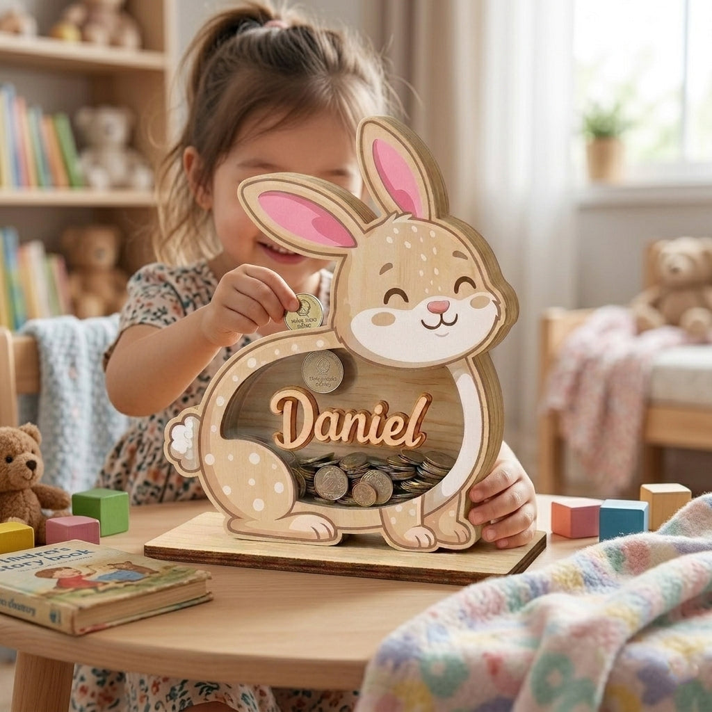 Personalized Bunny Piggy Bank, Custom Name Wooden Coin Bank, Kids Savings Bank Gift, Nursery Decor, Baby Gift, Easter Bunny Money Box