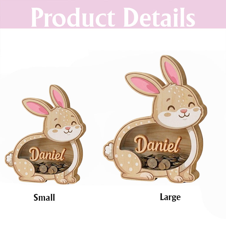 Personalized Bunny Piggy Bank, Custom Name Wooden Coin Bank, Kids Savings Bank Gift, Nursery Decor, Baby Gift, Easter Bunny Money Box