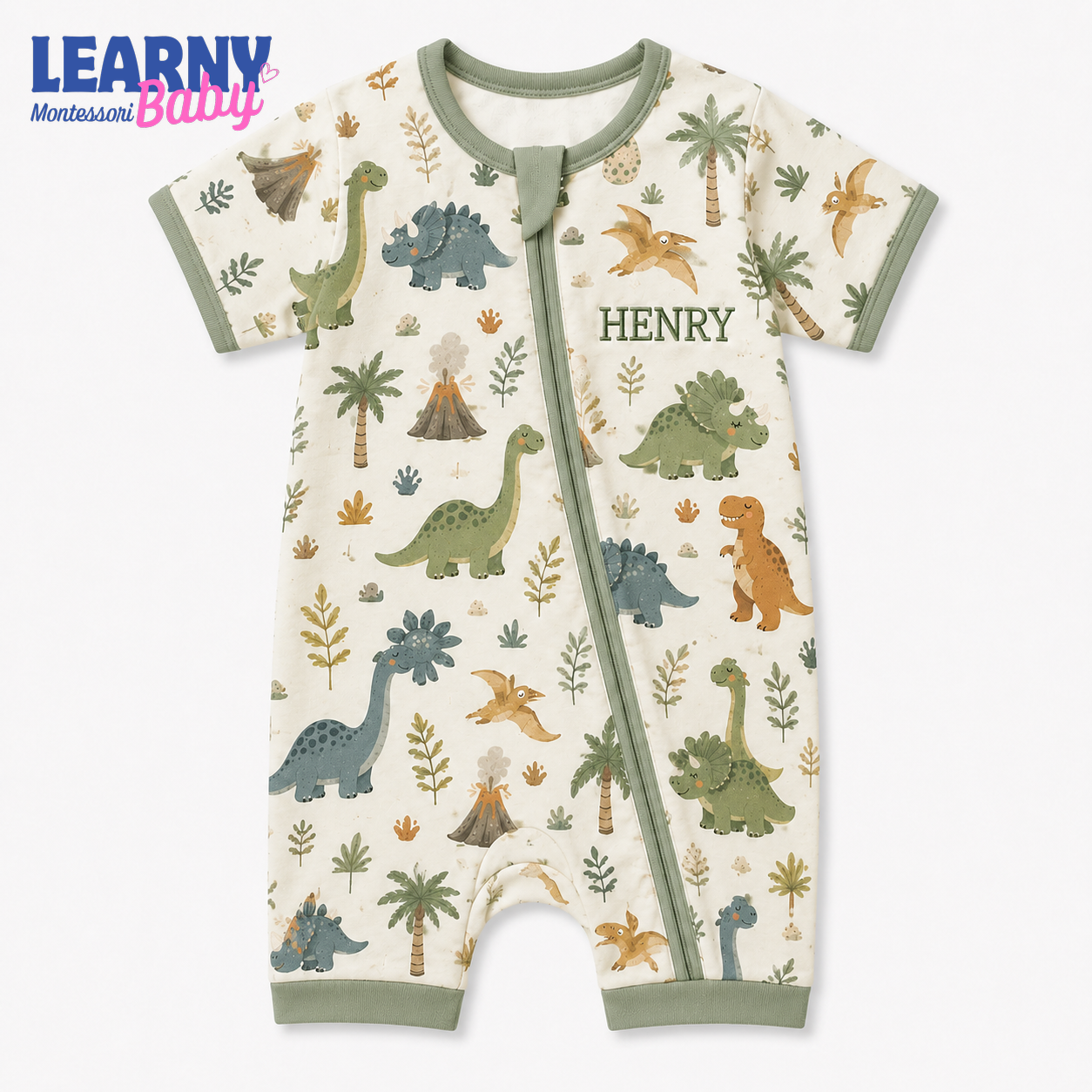 Baby Bamboo Convertible Zippy – Personalized Dinosaur Baby Romper