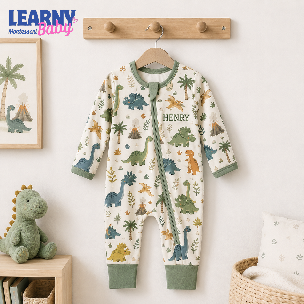 Baby Bamboo Convertible Zippy – Personalized Dinosaur Baby Romper
