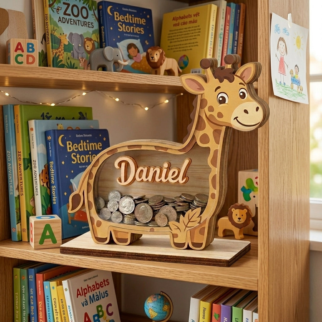 Personalized Giraffe Piggy Bank, Custom Name Wooden Coin Bank, Safari Nursery Decor, Kids Savings Bank, Baby Gift, Animal Money Box