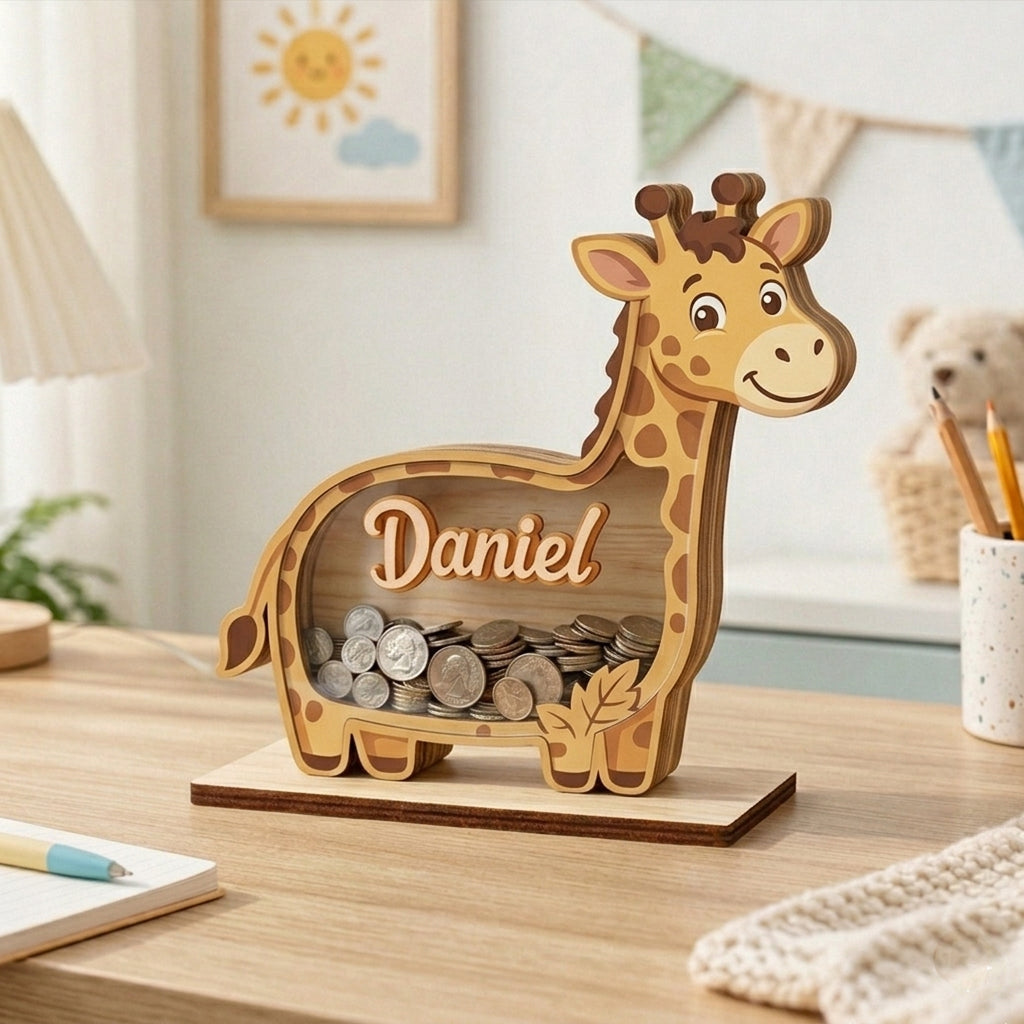 Personalized Giraffe Piggy Bank, Custom Name Wooden Coin Bank, Safari Nursery Decor, Kids Savings Bank, Baby Gift, Animal Money Box