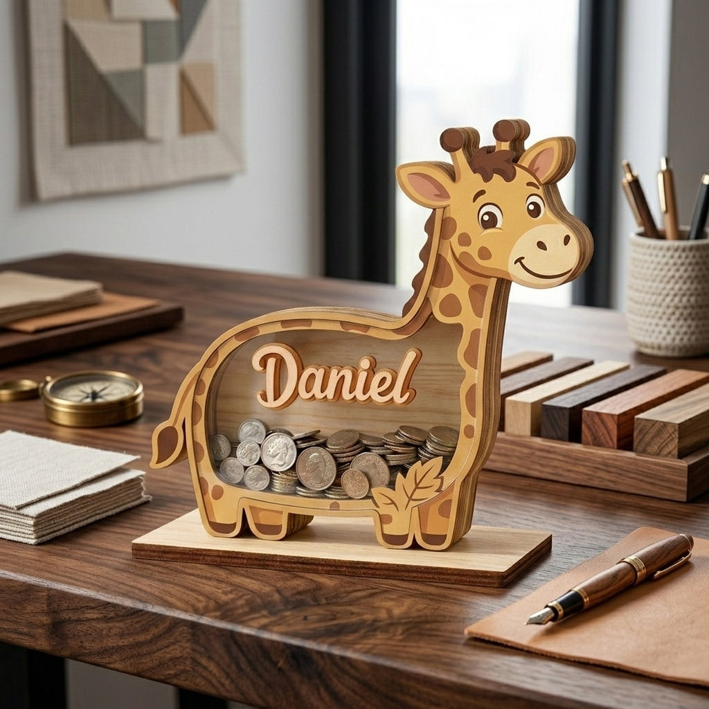 Personalized Giraffe Piggy Bank, Custom Name Wooden Coin Bank, Safari Nursery Decor, Kids Savings Bank, Baby Gift, Animal Money Box