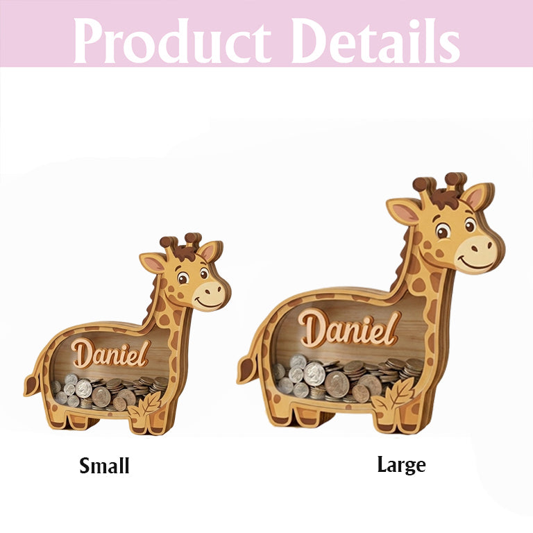 Personalized Giraffe Piggy Bank, Custom Name Wooden Coin Bank, Safari Nursery Decor, Kids Savings Bank, Baby Gift, Animal Money Box