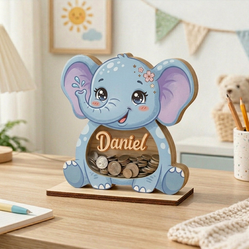 Personalized Elephant Piggy Bank, Custom Name Wooden Coin Bank, Baby Shower Gift, Nursery Decor, Kids Savings Bank, Cute Animal Money Box
